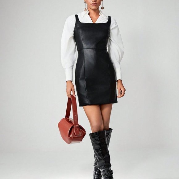 . Dresses & Skirts - Black Preppy Womens Solid PU Leather Dress